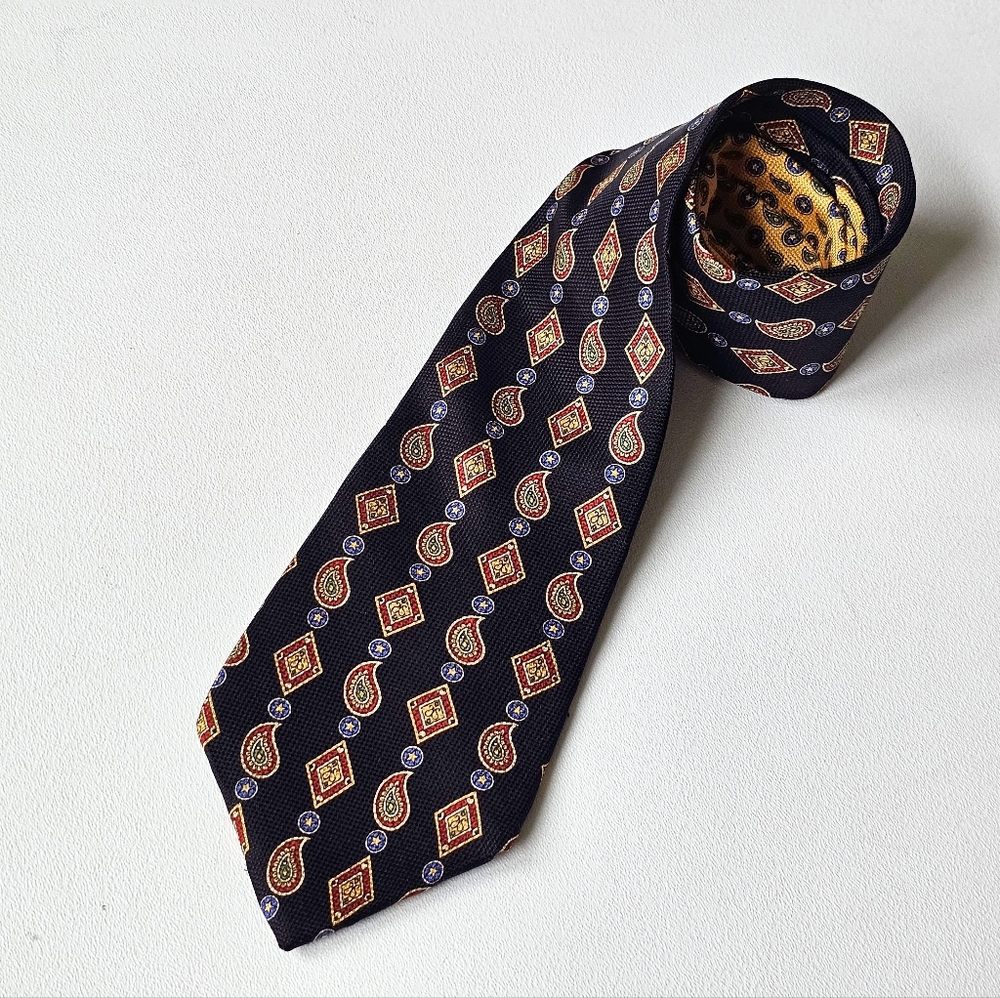 Vintage Tommy Hilfiger Silk Tie Navy Paisley Geometric Italy USA